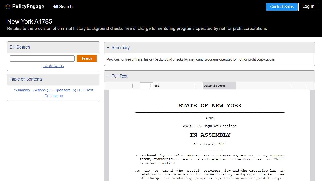 A4785 New York 2025-2026 Relates to the provision of criminal history background checks free of charge to mentoring programs operated by not-for-profit corporations - Legislative Tracking PolicyEngage